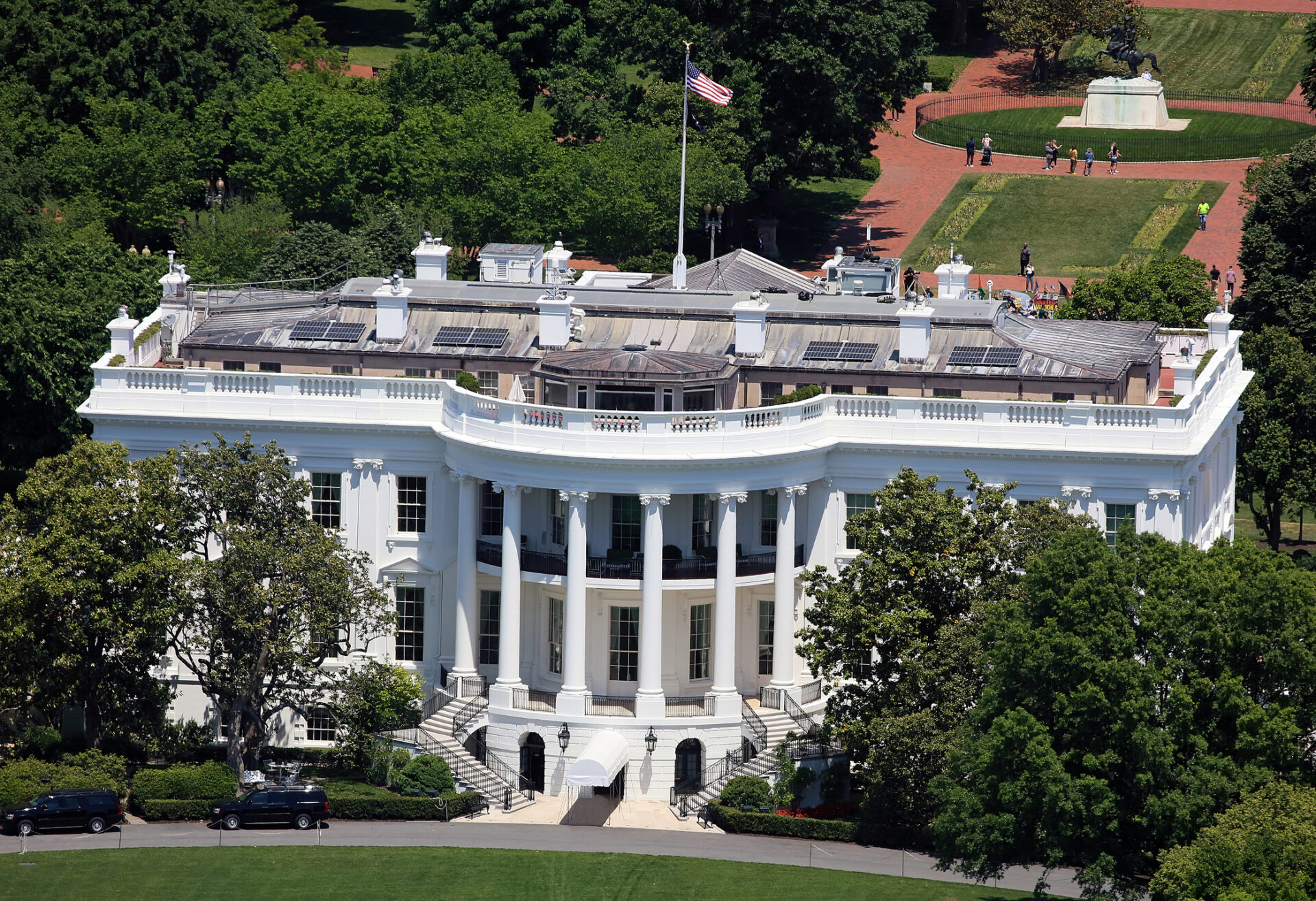 Aerial View of The White House and Lafayette Square, Washington DC, USA.