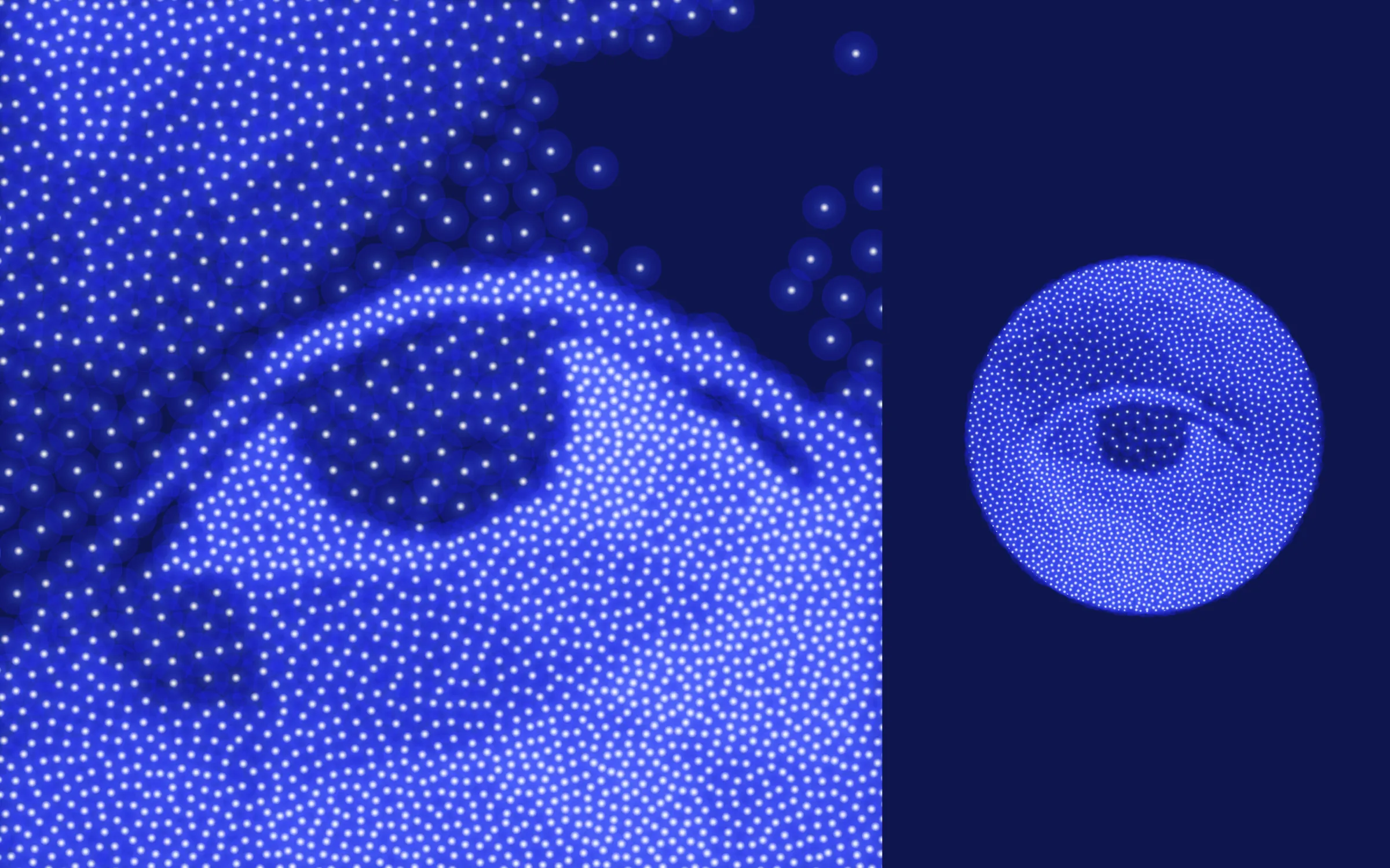 on-the-left-is-a-large-illustration-showing-an-eye-made-of-many-dots-on-the-right-is-a-smaller-illustration-of-an-eye-made-of-m