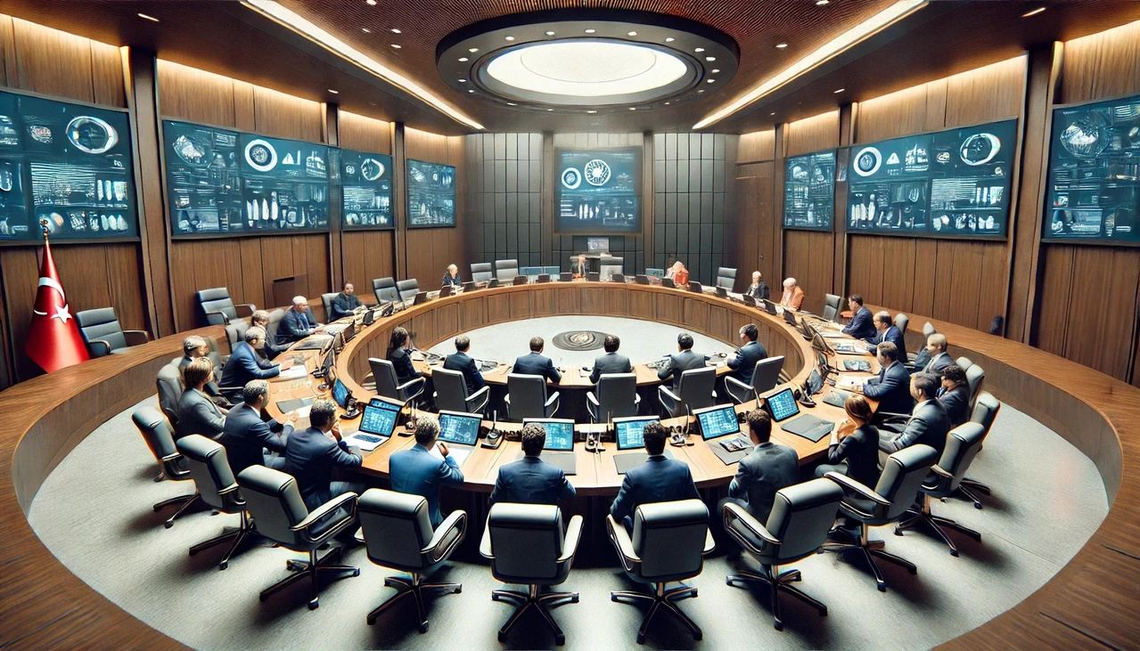 DALL·E-2024-08-21-13.14.13-A-realistic-image-of-a-modern-legislative-chamber-in-Turkey-with-a-smaller-group-of-politicians-and-experts-gathered-around-a-large-oval-conference-t