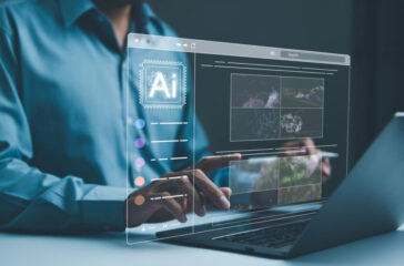 AI image creation technology. Man use AI software on a laptop to generate images, showcasing a futuristic user interface. screen with visual prompt. Image generated by artificial intelligence. photo,